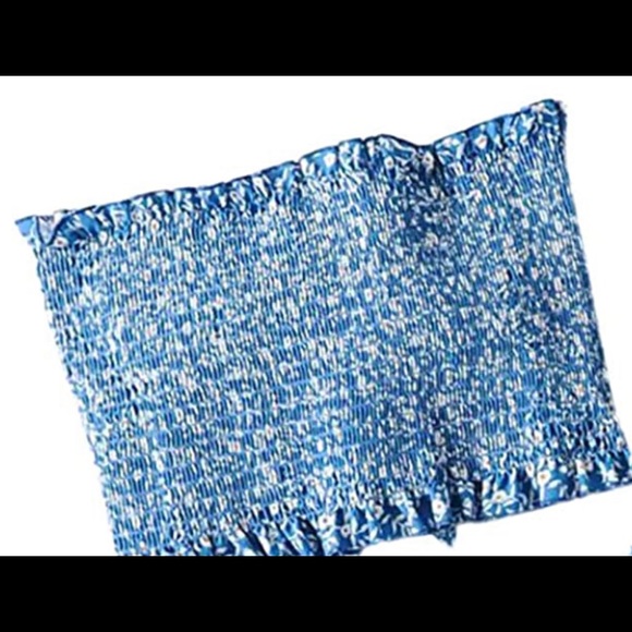 Frill Trim Shirred Tube Crop Top set matching ruffle skirt Blue floral 1XL Plus - Picture 8 of 9